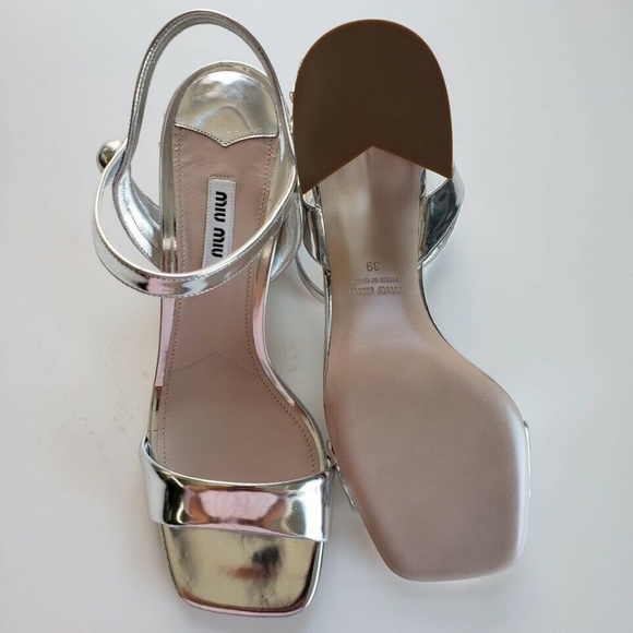 Miu Miu Embellished Sandals Heel Shoes - Silver - Picture 5 of 8